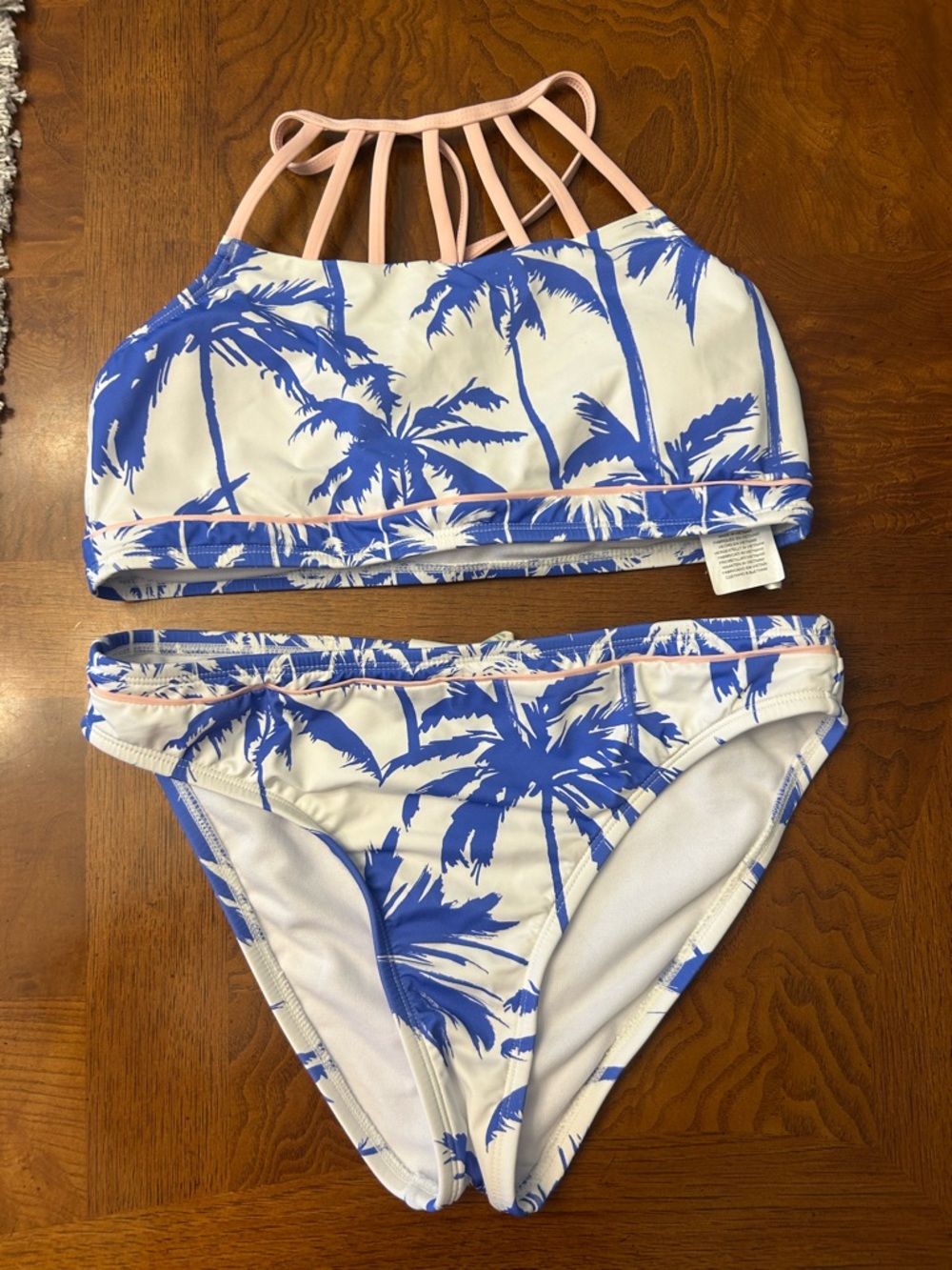 Hobie Blue Palm-Print Two-Piece Swim Bikini with Pink Strappy Halter